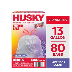 Husky 13 Gallon Tall Kitchen Drawstring Bags, Lavender Scented, 80 Count Husky 13 Gallon Tall Kitchen Drawstring Bags, Lavender Scented, 80 Count