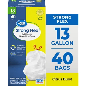 Great Value Strong Flex Drawstring Tall Kitchen Trash Bags, 13Gal, Citrus Burst, 40Count Great Value Strong Flex Drawstring Tall Kitchen Trash Bags, 13Gal, Citrus Burst, 40Count