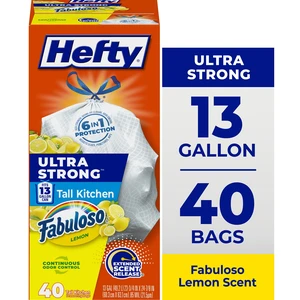 Hefty Ultra Strong 13 Gallon Tall Kitchen Trash Bags, White, Fabuloso Lemon Scent, 40 Count Hefty Ultra Strong 13 Gallon Tall Kitchen Trash Bags, White, Fabuloso Lemon Scent, 40 Count