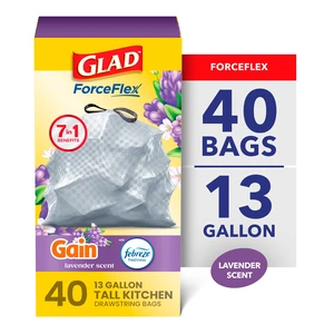 Glad ForceFlex 13-Gallon Drawstring Tall Kitchen Trash Bags, Gain Lavender Scent, 40 Bags Glad ForceFlex 13-Gallon Drawstring Tall Kitchen Trash Bags, Gain Lavender Scent, 40 Bags