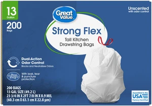 Great Value 13-Gallon Strong Flex Tall Kitchen Drawstring Trash Bags, 200 Count Great Value 13-Gallon Strong Flex Tall Kitchen Drawstring Trash Bags, 200 Count