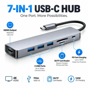 7-in-1 USB C Hub Multiport Adapter with HDMI, 3 USB Ports, PD Charging, SD/TF Card Reader for Laptop 7-in-1 USB C Hub Multiport Adapter with HDMI, 3 USB Ports, PD Charging, SD/TF Card Reader for Laptop