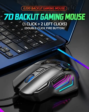 G200 Wired RGB Gaming Mouse, 7-Button Ergonomic Optical Mouse, 4-Level Adjustable DPI, Color Backlight, Black G200 Wired RGB Gaming Mouse, 7-Button Ergonomic Optical Mouse, 4-Level Adjustable DPI, Color Backlight, Black
