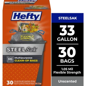 Hefty Steelsak Heavy Duty Large Trash Bags, 33 Gallon, 30 Count, Gray, Unscented Hefty Steelsak Heavy Duty Large Trash Bags, 33 Gallon, 30 Count, Gray, Unscented