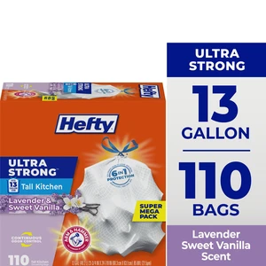 Hefty Ultra Strong 13 Gallon Tall Kitchen Trash Bags, White, Lavender and Sweet Vanilla Scent, 110 Count Hefty Ultra Strong 13 Gallon Tall Kitchen Trash Bags, White, Lavender and Sweet Vanilla Scent, 110 Count