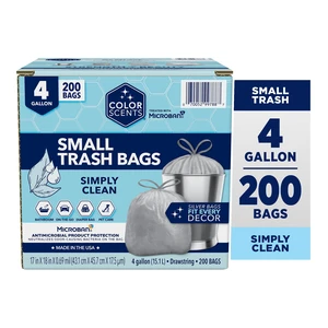 Color Scents 4 Gallon Bathroom Trash Bags, Simply Clean Scent, Microban, Drawstring, 200 Count Color Scents 4 Gallon Bathroom Trash Bags, Simply Clean Scent, Microban, Drawstring, 200 Count