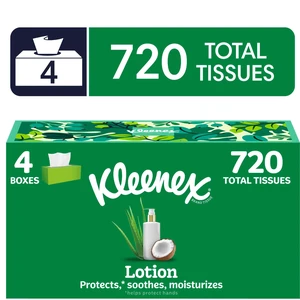 Kleenex 3-Ply Lotion with Coconut Oil Flat Box Facial Tissues, 4 Pack (720 Tissues) Kleenex 3-Ply Lotion with Coconut Oil Flat Box Facial Tissues, 4 Pack (720 Tissues)