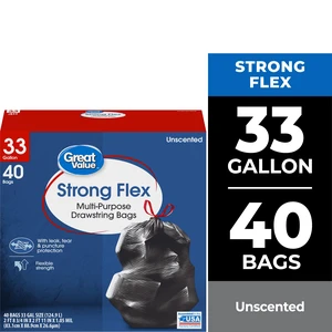 Great Value Strong Flex 33-Gallon Drawstring Multi-Purpose Unscented Trash Bags, 40 Bags Great Value Strong Flex 33-Gallon Drawstring Multi-Purpose Unscented Trash Bags, 40 Bags