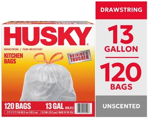 Husky 13 Gallon Tall Kitchen Drawstring Bags, 120 Bags Husky 13 Gallon Tall Kitchen Drawstring Bags, 120 Bags