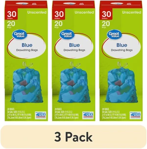 Great Value 30-Gallon Unscented Blue Drawstring Large Bags, 3 Pack of 20 Bags Great Value 30-Gallon Unscented Blue Drawstring Large Bags, 3 Pack of 20 Bags