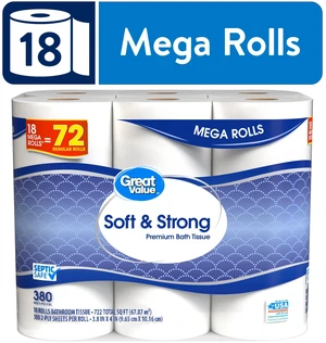 Great Value Soft & Strong 2-Ply Toilet Paper, 18 Mega Rolls, 380 Sheets per Roll Great Value Soft & Strong 2-Ply Toilet Paper, 18 Mega Rolls, 380 Sheets per Roll