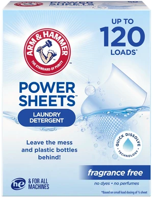 ARM & HAMMER Power Sheets Laundry Detergent, Fragrance Free, 60 Count, Up to 120 Small Loads ARM & HAMMER Power Sheets Laundry Detergent, Fragrance Free, 60 Count, Up to 120 Small Loads