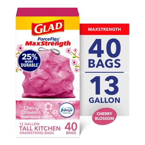 Glad ForceFlex MaxStrength 13-Gallon Drawstring Tall Kitchen Trash Bags, Pink, Febreze Freshness Cherry Blossom Scent, 40 Count Glad ForceFlex MaxStrength 13-Gallon Drawstring Tall Kitchen Trash Bags, Pink, Febreze Freshness Cherry Blossom Scent, 40 Count