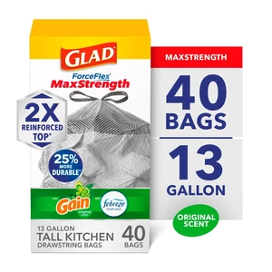 Glad ForceFlex MaxStrength 13-Gallon Drawstring Tall Trash Bags, Gain Original Scent, 40 Count Glad ForceFlex MaxStrength 13-Gallon Drawstring Tall Trash Bags, Gain Original Scent, 40 Count
