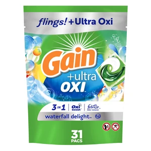 Gain Flings Ultra Oxi Laundry Detergent Pacs, Waterfall Delight Scent, 31 Count Gain Flings Ultra Oxi Laundry Detergent Pacs, Waterfall Delight Scent, 31 Count