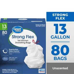 13Gallon Great Value Drawstring Kitchen Wastebasket Liners, White, Unscented, 80Count 13Gallon Great Value Drawstring Kitchen Wastebasket Liners, White, Unscented, 80Count