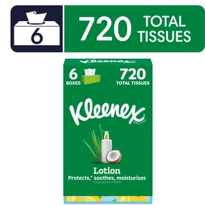 Kleenex 3-Ply Flat Box Facial Tissues with Coconut Oil Lotion, 6 Pack (720 Tissues) Kleenex 3-Ply Flat Box Facial Tissues with Coconut Oil Lotion, 6 Pack (720 Tissues)