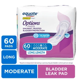Equate Options Women's Incontinence Pads, Moderate Absorbency, Long Length, 60 Count Equate Options Women's Incontinence Pads, Moderate Absorbency, Long Length, 60 Count