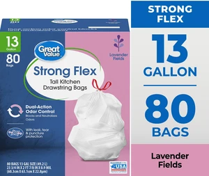 Great Value Strong Flex 13Gallon 80Count Tall Kitchen Drawstring Garbage Bags Lavender Fields Great Value Strong Flex 13Gallon 80Count Tall Kitchen Drawstring Garbage Bags Lavender Fields