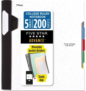 Five Star Advance 5 Subject College Ruled Notebook Plus Study App, 8.5" x 11", White, Poly, Spiral, 200 Sheets Five Star Advance 5 Subject College Ruled Notebook Plus Study App, 8.5" x 11", White, Poly, Spiral, 200 Sheets