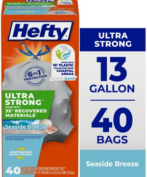 Hefty Ultra Strong 13Gallon Tall Kitchen Trash Bags, Recovered Materials Including Coastal Plastic, Gray, Seaside Breeze Scent, 40Bags Hefty Ultra Strong 13Gallon Tall Kitchen Trash Bags, Recovered Materials Including Coastal Plastic, Gray, Seaside Breeze Scent, 40Bags
