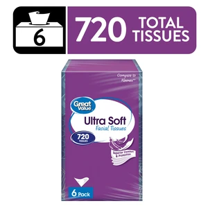 Great Value Facial Tissues, Ultra Soft, 3-Ply, 6 Flat Cartons, 120 Tissues Per Carton Great Value Facial Tissues, Ultra Soft, 3-Ply, 6 Flat Cartons, 120 Tissues Per Carton