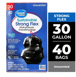 30Gallon, 40Count Great Value Sustainable Strong Flex Multi-Purpose Drawstring Bags 30Gallon, 40Count Great Value Sustainable Strong Flex Multi-Purpose Drawstring Bags