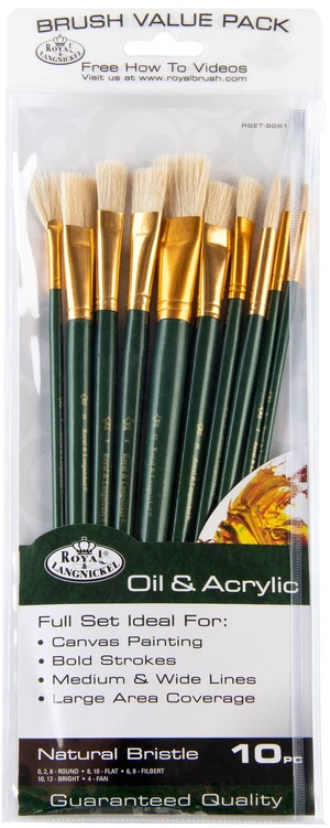 Royal & Langnickel Assorted Shapes Natural Bristle Long Handle Acrylic and Oil Art Brushes 10 Pieces Royal & Langnickel Assorted Shapes Natural Bristle Long Handle Acrylic and Oil Art Brushes 10 Pieces