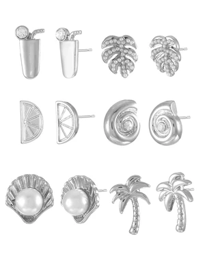 Time and Tru Silvertone Vacay Vibes Stud Earrings, 6 Pairs Time and Tru Silvertone Vacay Vibes Stud Earrings, 6 Pairs