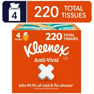 Kleenex Anti-Viral 3-Ply Cube Box Facial Tissues, 4 Pack (220 Tissues) Kleenex Anti-Viral 3-Ply Cube Box Facial Tissues, 4 Pack (220 Tissues)