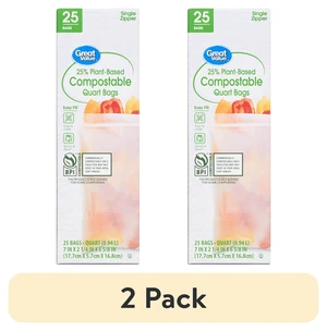 Great Value 2-Pack 25% Plant-Based Compostable Quart Bags, 25 Count Great Value 2-Pack 25% Plant-Based Compostable Quart Bags, 25 Count