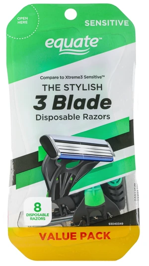 Equate Men's 3-Blade Sensitive Disposable Razors, Green and Black, 8 Count Equate Men's 3-Blade Sensitive Disposable Razors, Green and Black, 8 Count