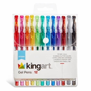 KINGART Glitter Gel Pens Set, 12 Vibrant Colors, 2.5mm Soft Grip Pens for Adult Coloring, Art and Fine Lines KINGART Glitter Gel Pens Set, 12 Vibrant Colors, 2.5mm Soft Grip Pens for Adult Coloring, Art and Fine Lines