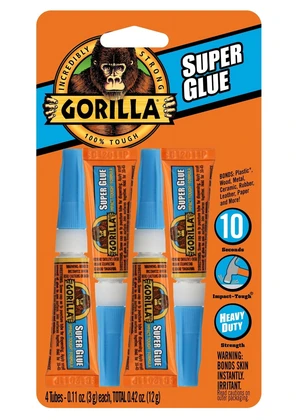 Gorilla Super Glue, Clear, 4x3g Tubes, All Purpose Fast Setting for Projects and Repairs Gorilla Super Glue, Clear, 4x3g Tubes, All Purpose Fast Setting for Projects and Repairs