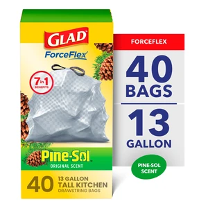 Glad ForceFlex 13-Gallon Drawstring Tall Kitchen Trash Bags, Pine-Sol Original Scent, 40 Count Glad ForceFlex 13-Gallon Drawstring Tall Kitchen Trash Bags, Pine-Sol Original Scent, 40 Count