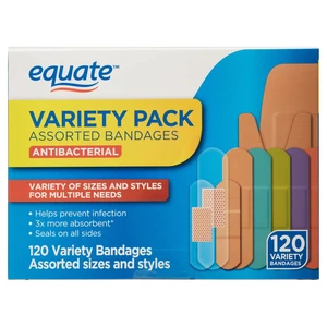 Equate Antibacterial Assorted Bandages Variety Pack, 120 Count Equate Antibacterial Assorted Bandages Variety Pack, 120 Count