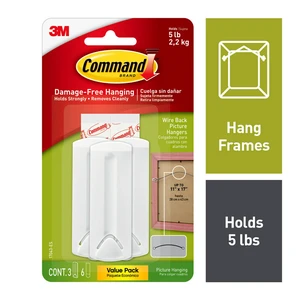 Command Wire-Backed Picture Hanger, 5 Lbs, 3 Hangers, 6 Pairs Adhesive Strips Command Wire-Backed Picture Hanger, 5 Lbs, 3 Hangers, 6 Pairs Adhesive Strips