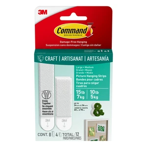 Command Medium and Large Picture Hangers, 4 Medium Strips + 8 Pairs Large Adhesive Strips, Holds 10 & 15 Lbs, White Command Medium and Large Picture Hangers, 4 Medium Strips + 8 Pairs Large Adhesive Strips, Holds 10 & 15 Lbs, White
