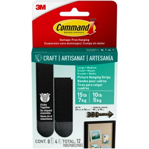 Command Medium and Large Picture Hangers, Holds 10 & 15 lbs, Black, 4 Medium, 8 Pairs Large Adhesive Strips Command Medium and Large Picture Hangers, Holds 10 & 15 lbs, Black, 4 Medium, 8 Pairs Large Adhesive Strips
