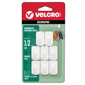 VELCRO Brand HANGables Micro Removable Hooks, Holds 1/2 lb, White, 8-Pack, Damage-Free Wall Fasteners VELCRO Brand HANGables Micro Removable Hooks, Holds 1/2 lb, White, 8-Pack, Damage-Free Wall Fasteners