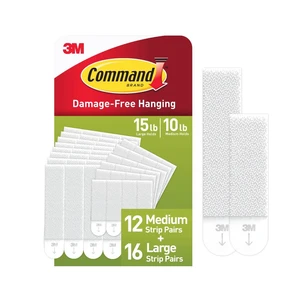 Command Medium and Large Picture Hangers, Holds 10 & 15 lbs, White, 12 Medium, 16 Pairs Large Adhesive Strips Command Medium and Large Picture Hangers, Holds 10 & 15 lbs, White, 12 Medium, 16 Pairs Large Adhesive Strips
