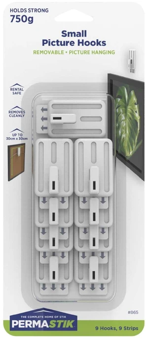 Permastik Small Adhesive Picture Hooks, Rental Safe, 9 Pack, Holds up to 1.65 lbs Permastik Small Adhesive Picture Hooks, Rental Safe, 9 Pack, Holds up to 1.65 lbs