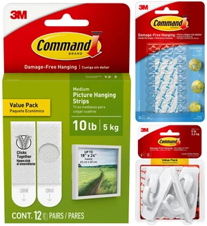 Command Bundle: Medium Picture Hanging Strips 12 Pairs, Clear Decorating Clips 20 Pack, Large Utility Hooks 6 Pack Command Bundle: Medium Picture Hanging Strips 12 Pairs, Clear Decorating Clips 20 Pack, Large Utility Hooks 6 Pack