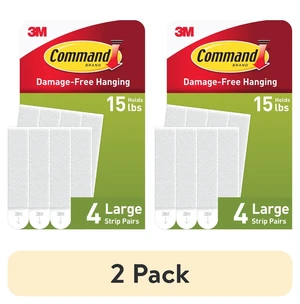 Command Large Picture Hangers 2 Pack, Holds 15lbs, White, Damage-Free Hanging, 4 Pairs Adhesive Strips Command Large Picture Hangers 2 Pack, Holds 15lbs, White, Damage-Free Hanging, 4 Pairs Adhesive Strips