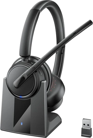 Wireless Headset with Noise Cancelling Microphone, On-Ear Bluetooth Headset with USB Dongle, Mute Function & Charging Base, Wireless Headphones for Work from Office, PC, Call Center Wireless Headset with Noise Cancelling Microphone, On-Ear Bluetooth Headset with USB Dongle, Mute Function & Charging Base, Wireless Headphones for Work from Office, PC, Call Center
