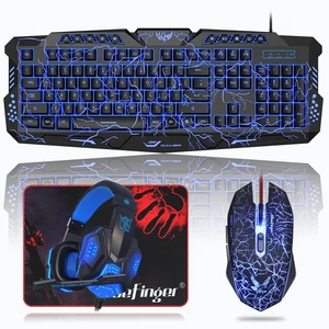 Backlit Gaming Keyboard, Mouse and LED Headset Combo - USB Wired 3 Color Crack Backlit, Blue LED Light Headset - Set for Work and Game Backlit Gaming Keyboard, Mouse and LED Headset Combo - USB Wired 3 Color Crack Backlit, Blue LED Light Headset - Set for Work and Game