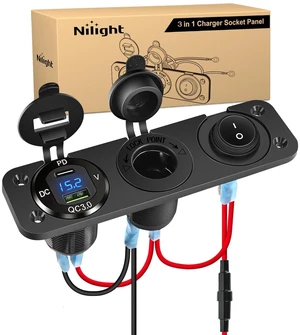 4 in 1 Charger Socket Panel Power Cutoff Switch | PD Type C and QC 3.0 USB, LED Voltmeter Display, Cigarette Lighter Power Socket, Toggle Switch for Cars Trucks RV UTV ATV 4 in 1 Charger Socket Panel Power Cutoff Switch | PD Type C and QC 3.0 USB, LED Voltmeter Display, Cigarette Lighter Power Socket, Toggle Switch for Cars Trucks RV UTV ATV