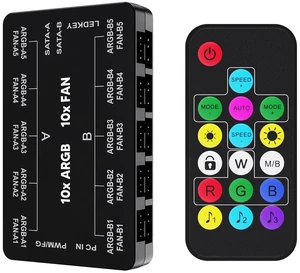 ARGB & PWM Case Fan Hub with Remote | SATA Power 10-Port 4-Pin PWM Fan Speed and 10-Port 3-Pin ARGB Lighting Controller - Black ARGB & PWM Case Fan Hub with Remote | SATA Power 10-Port 4-Pin PWM Fan Speed and 10-Port 3-Pin ARGB Lighting Controller - Black