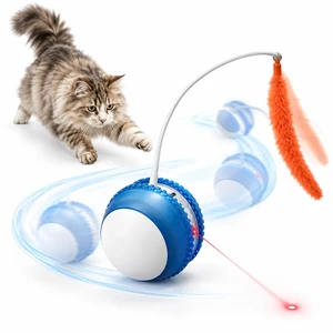 3.54-Inch Interactive Cat Toy - All-Surface Rolling with Long Runtime, Detachable Feather Wand, Laser & Bird Sounds, Type-C Rechargeable (Blue) 3.54-Inch Interactive Cat Toy - All-Surface Rolling with Long Runtime, Detachable Feather Wand, Laser & Bird Sounds, Type-C Rechargeable (Blue)