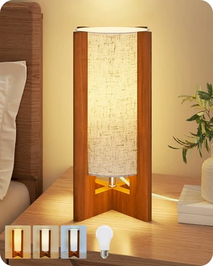 Small Table Lamp, 13.4" Modern Wood Table Lamp with A19 LED Bulb | 3 Color Temperatures & Night Light, Beige Linen Shade, Wooden Base, E26 Bedside Nightstand Lamp for Bedroom, Living Room Small Table Lamp, 13.4" Modern Wood Table Lamp with A19 LED Bulb | 3 Color Temperatures & Night Light, Beige Linen Shade, Wooden Base, E26 Bedside Nightstand Lamp for Bedroom, Living Room